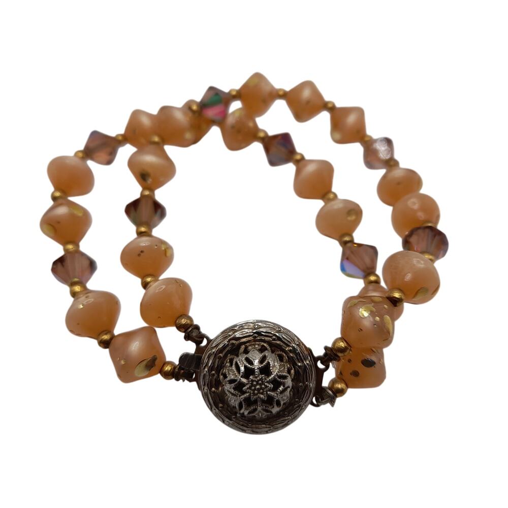 Vintage 1960s Topaz AB Crystal Bracelet, Peach Gold Specked Beads, 7 1/2"